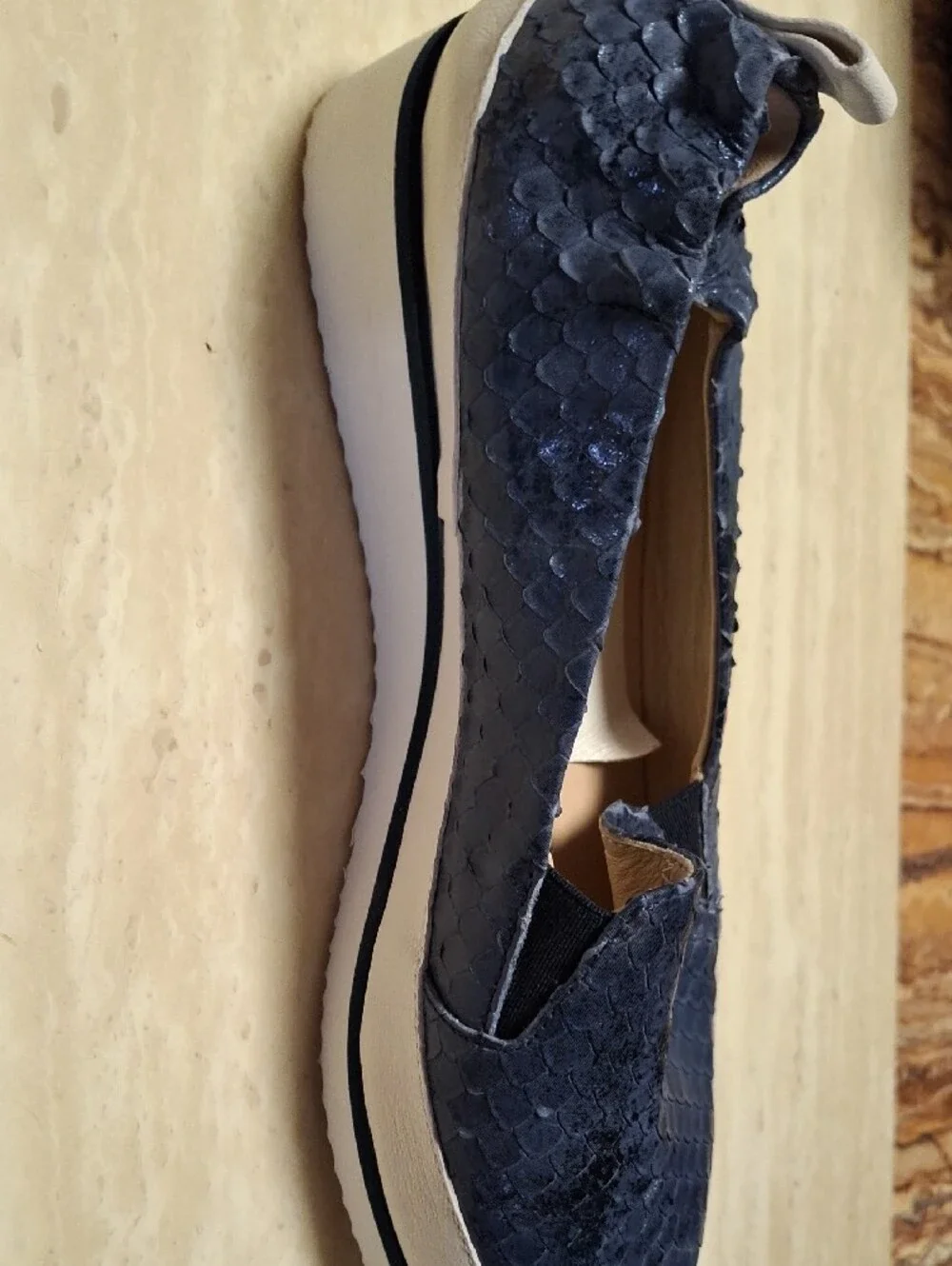Ron White Navy Snake-Embossed Slip-On Flats with Cream Sole Size 38